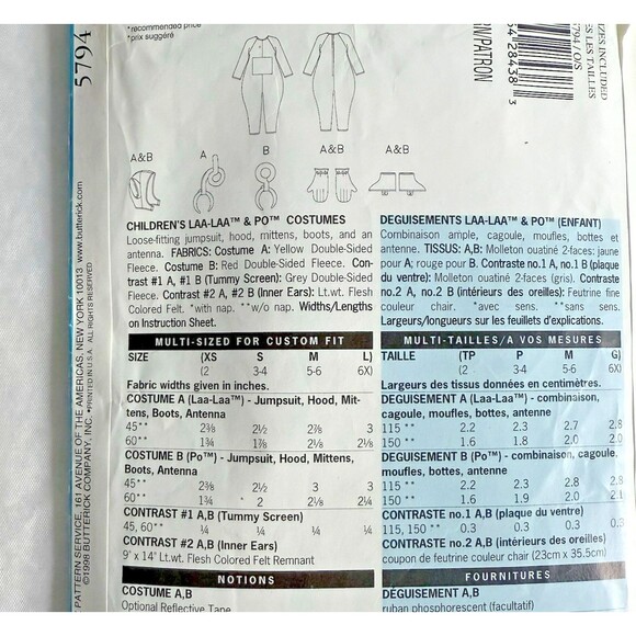 Vtg BUTTERICK 5794 Sewing Pattern TELETUBBIES LaLa Po Costume Kids 2-4 Halloween - Picture 4 of 5